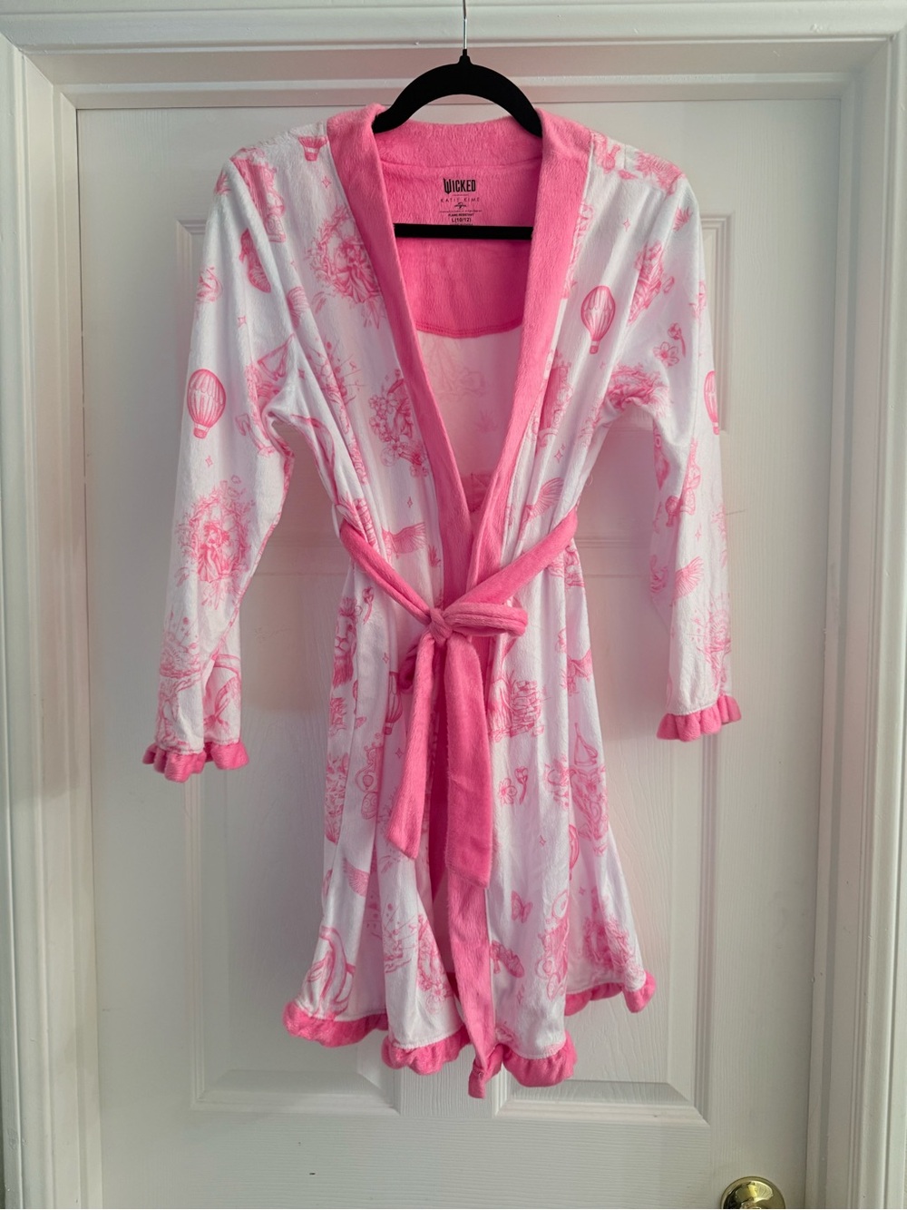 Girls Pink and White Printed Robe with Shawl Collar and Tie